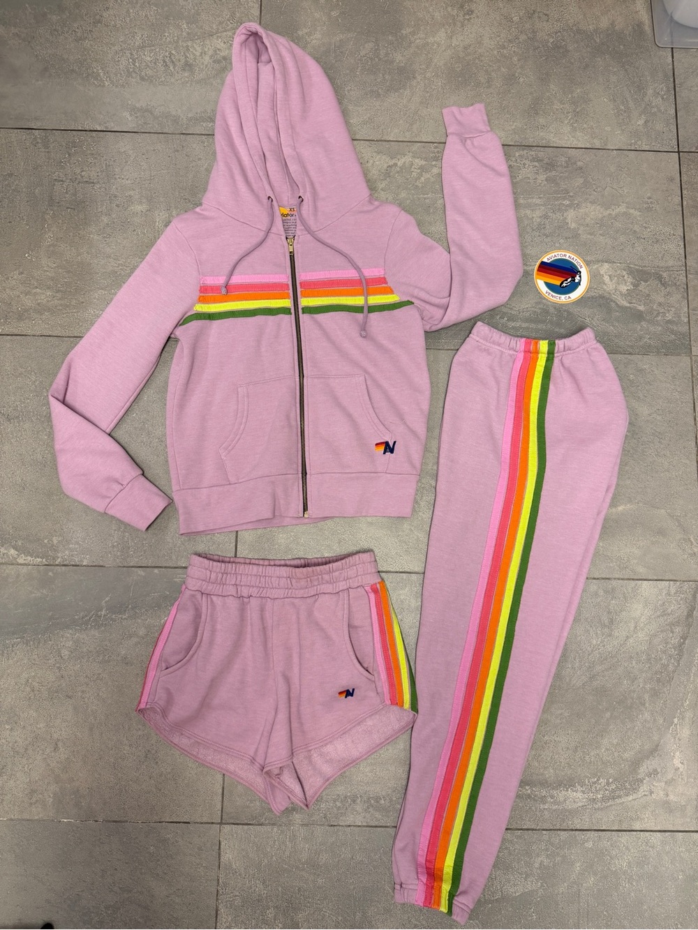 Aviator Nation Mauve Pink Green 5 Stripe Set Zip Up Hoodie Sweatpants Shorts XS